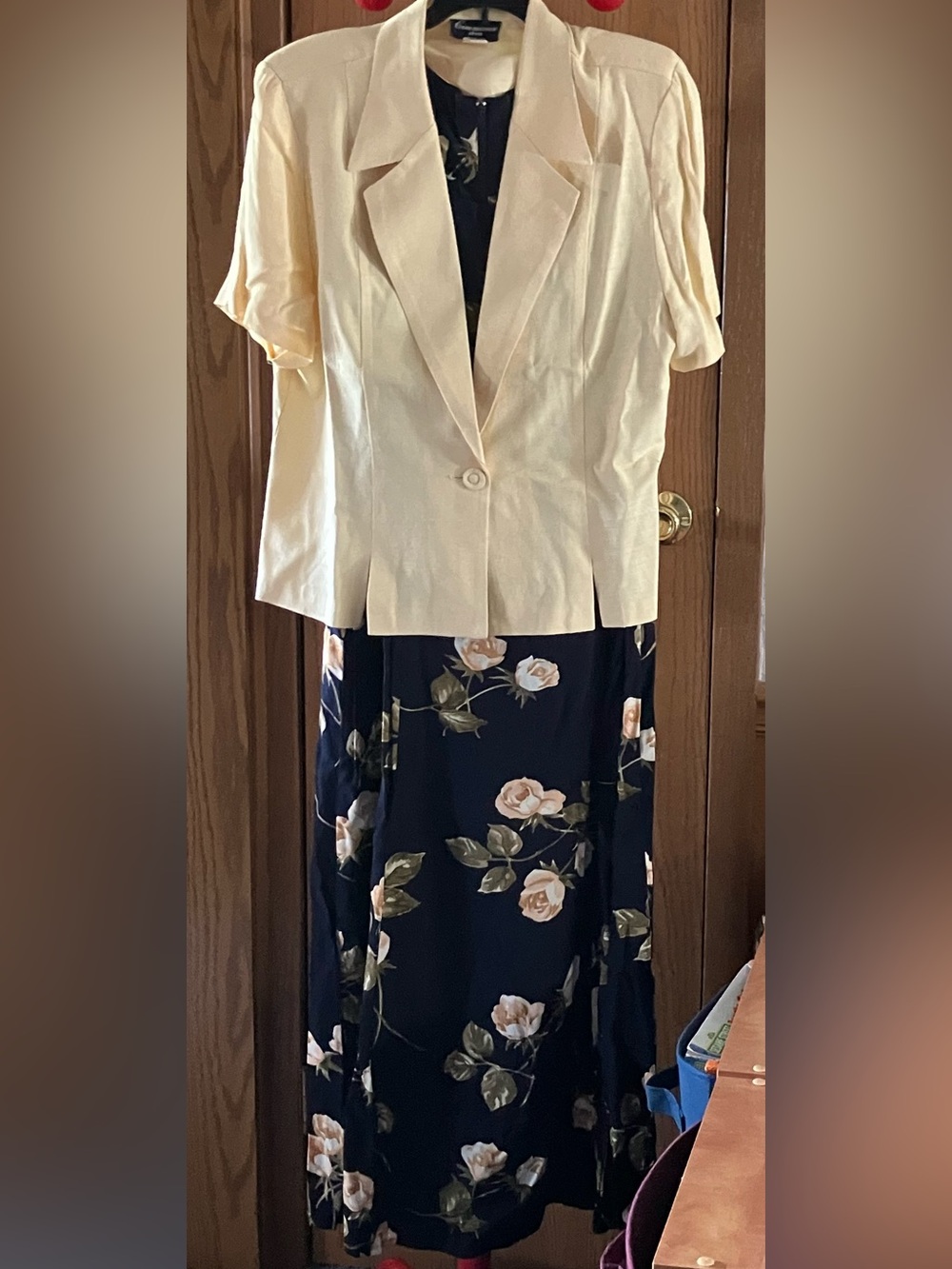 Light Yellow Short Sleeve Blazer with Black Floral Dress